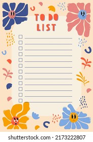 Daily check list planner, note paper, to do list decorated with cute cartoon doodle flowers and botanical illustrations and inspirational quote. School scheduler and organizer. Flat vector