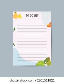 Daily checklist plans, notepads, to-do lists decorated with fruits. Vector design illustration