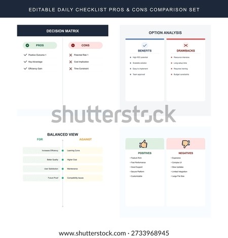 Daily checklist pro and con comparison infographic set