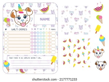 Daily Chores checklist planner template. Unicorn puppy rainbow colors habit tracker for kids