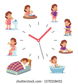 Daily clock for girl. Routine schedule of happy baby girls life from morning breakfast at home eating school to sleep, vector situation alarm