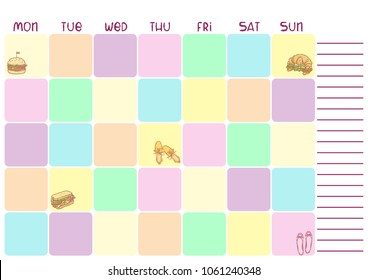 Daily colorful planner for business or education with food illustrations. Vector printable organizer template.