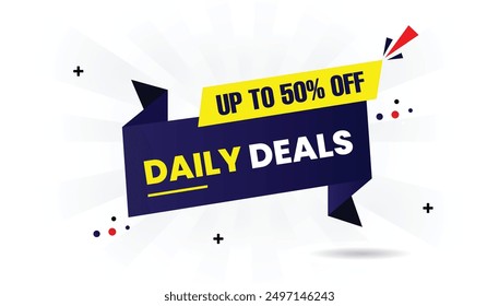 Daily Deals up to 50% Off banner template with white background, dark and light blue gradient, and yellow shapes for eye catching vector art off, save, new, wholesale, offer, one, only, price, promo