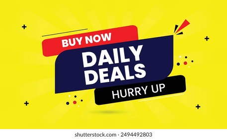 Daily Deals Buy Now Hurry Up banner template with yellow background, black, blue, and red shine shapes for eye catching vector art promotion sale, deal, business, daily, buy, commerce, now, price