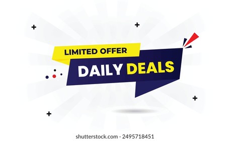Daily Deals Limited Offer banner template with a white background, dark blue gradient, and light yellow shapes, featuring vector art for high impact sales promotions daily, special, buy, discount