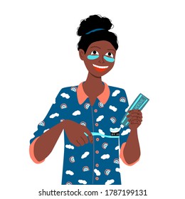 Daily dental care. Dark skinned afro girl in pajamas with patches on face brushes teeth with a herbal paste. Morning and evening self care routine. Stock vector flat illustration isolated on white.