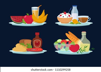 Daily diet meals, healthy food for breakfast, lunch, dinner cartoon vector icons. Healthy meal with vegetable and fruits illustration