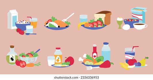 Daily diet meals, plate with vegan and meat meal. Healthy breakfast, day diet food and drinks for lunch and dinner decent vector collection