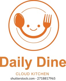 Logotipo diario de la cocina de la nube de la cena que presenta un plato alegre con la cuchara y el tenedor que forman una cara sonriente