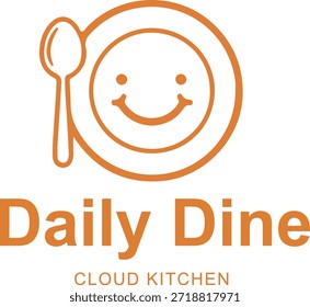 Logotipo diario de la cocina de la nube de la cena con un plato feliz y el icono de la cuchara para las comidas deliciosas