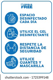 Daily disinfected area, use hand sanitizer please, keep safe distance, wear gloves ans mask writting in spanish. Covid-19 free zone poster. Signs for shops, stores, hairdressers, bars, restaurants...