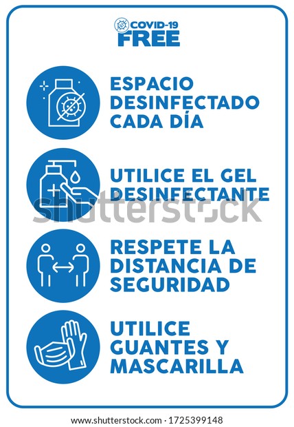 日々消毒された地域 手で消毒剤をお願いします 安全な距離を保ち スペイン語で書く手袋をはめてください Covid 19フリーゾーンポスター 店 店 理容師 バー レストランの看板 のベクター画像素材 ロイヤリティフリー