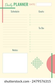 Daily to do list. Planner template with place for notes. Vector illustration of a personal planner with memphis style elements