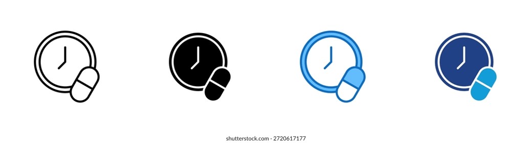 Vector de diseño de íconos de estilo múltiple de dosis diaria: reloj y píldora que representan la medicación programada, la ingesta diaria y el recordatorio de la rutina de salud