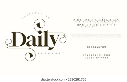 Daily elegant luxury abstract wedding fashion logo font alphabet. Minimal classic urban fonts for logo, brand etc. Typography typeface uppercase lowercase and number. vector illustration