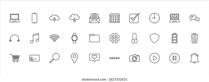 Daily Essentials Digital Line Icon Set. Icons enthält 30. Geeignet für Webseiten, Mobile Apps, Web, Print.