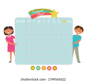 Daily Evening Routine. Sticker Rewards Chart. School Board For Children With Asterisks. Vector 