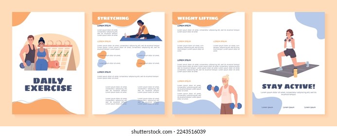 Daily exercise flat vector brochure template. Booklet, leaflet printable flat color designs. Editable magazine page, reports kit with text space. Sigmar One, Balsamiq Sans, Comfortaa fonts used