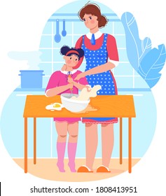 Daily family mom and daughter preparing lunch in kitchen, child adds ingredients, cartoon vector illustration, isolated on white. Happy woman and joyful little girl have fun together at home, cooking.