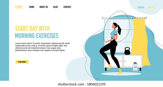 Daily fitness gymnastics at home healthy lifestyle promotion. Every morning routine activity workout training. Woman character jumping rope doing warming up cardio exercise. Landing page design