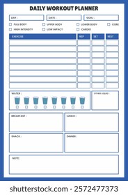 Daily fitness planner, printable page for daily fitness, simple and modern planner template