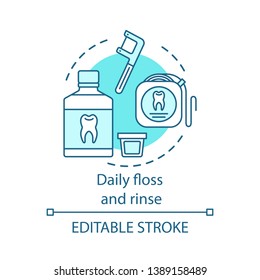 Daily floss and rinse concept icon. Prevent tooth decay and cavities. Dental floss, mouthwash. Oral hygiene routine idea thin line illustration. Vector isolated outline drawing. Editable stroke