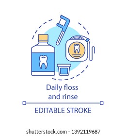 Daily floss and rinse concept icon. Prevent tooth decay and cavities. Dental floss, mouthwash. Oral hygiene routine idea thin line illustration. Vector isolated outline drawing. Editable stroke