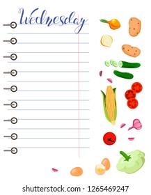 Daily food diary with healthy food and hand drawn days of the week lettering. Vector illustration