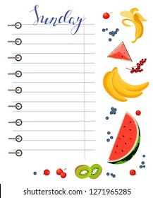Daily food diary with healthy food and hand drawn days of the week lettering. Vector illustration