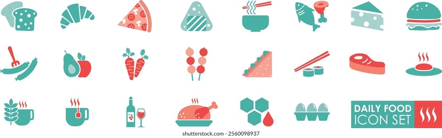 Daily food icons set in solid style, It contain groceries, Mexican, Burger, Japanese, and more
