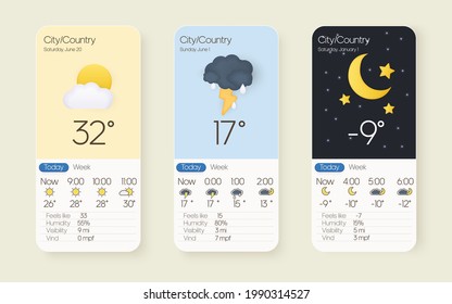 Daily forecasts in a 3D cartoon-style interface. Mobile app screen design in night, day mode. Meteorological observations UX. User interface for weather forecasting for the app. A set vector templates