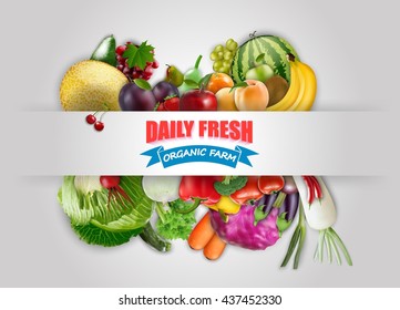 Daily fresh organic farm banner with realistic fruits and Vegetables.Vector