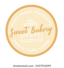 Daily fresh products of family cake house, sweet bakery logotype. Restaurant or shop assortment for breakfast, lunch and break. Label or emblem sticker for product package. Vector in flat style