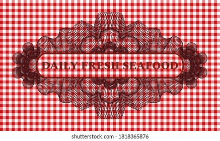 Texto diario de pescado fresco dentro del mantel de cuadros rojos de Guilloche emblema realista. Restaurante de ambiente elegante. Ilustración vectorial. 