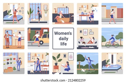 Daily girl routine set, everyday life scenes vector illustration. Cartoon young woman character doing exercises, healthy hygiene care actions, cooking food eating and go to work, walk dog background