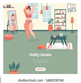 Daily goals vector web banner template. Happy girl, cute plus size woman wearing lingerie looking yourself in the mirror, retro flat style design illustration. Body positive, love yourself.