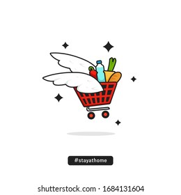 daily goods supermarket delivery vector illustration with flying shopping cart with wing in cartoon style