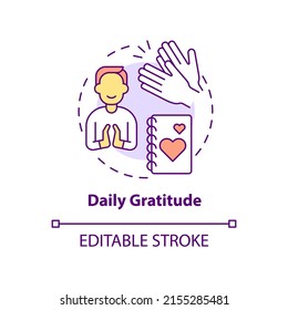 Daily gratitude concept icon. Exercise for self love abstract idea thin line illustration. Maintaining self-care routine. Isolated outline drawing. Editable stroke. Arial, Myriad Pro-Bold fonts used