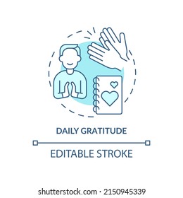 Daily gratitude turquoise concept icon. Exercise for self love abstract idea thin line illustration. Self-care routine. Isolated outline drawing. Editable stroke. Arial, Myriad Pro-Bold fonts used