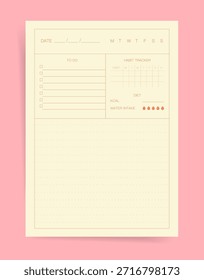 Plantilla de planificador de seguimiento de hábito diario con lista de verificación para hacer, tira semanal de días laborables, ingesta de agua y registro de dieta kcal, página de notas punteadas. Diseño imprimible de Vector pastel mínimo.