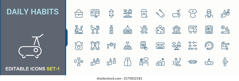 Daily Habits minimal icon set. It contains symbols to health, lifestyle, style, diet, energy, active, body, loss. Symbol. Vector icons editable stroke.