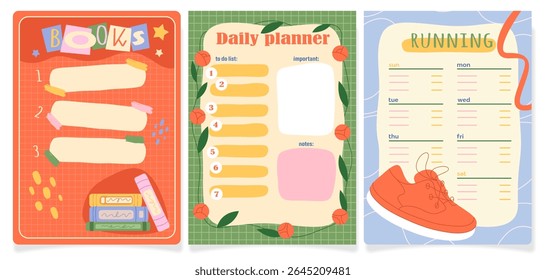 Daily habits poster set. Vector routine paper layout for jogging or running, book reading and sport. Card page for progress structure. Goal journal and task calendar. Planning tracker and schedule