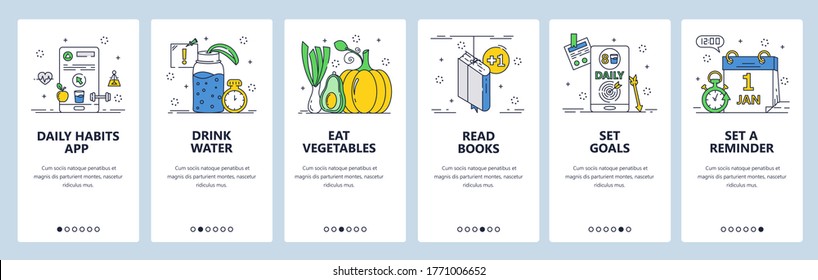 Daily habits website and mobile app onboarding screens. Menu banner vector template for web site and application development. Set reminder, goals and form healthy habits eat vegetables, drink water.