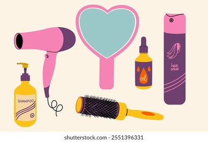 Daily hair care. Hair styling. Hair dryer, shampoo, hairspray.