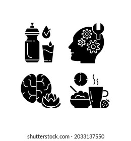 Daily health care black glyph icons set on white space. Drinking enough water. Learning new skills. Practicing mindfulness. Change lifestyle. Silhouette symbols. Vector isolated illustration
