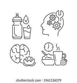 Daily health care linear icons set. Drinking enough water. Learning new skills. Practicing mindfulness. Customizable thin line contour symbols. Isolated vector outline illustrations. Editable stroke