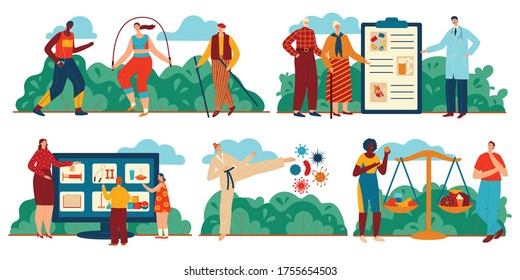 Daily health care vector illustration set. Cartoon flat people doing sport exercises, training body, young and old character eating healthy food, everyday healthcare regime lifestyle isolated on white