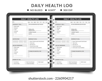 Daily health log planner notebook page, printable tracker, planner, notebook, mood diary.