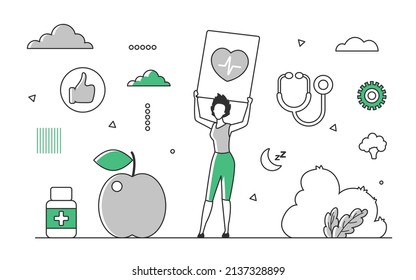 Daily healthy care habits with balanced nutrition. Nutritional support and medical analysis monitoring vector monocolor illustration