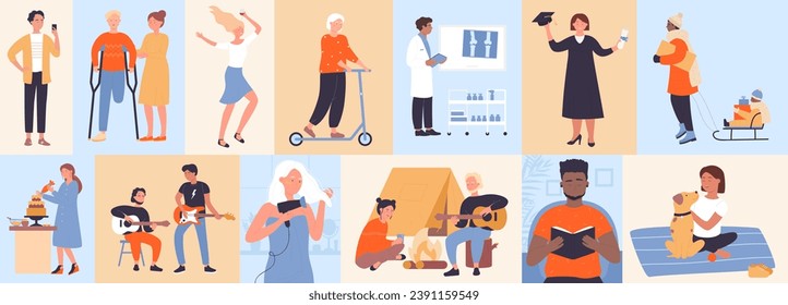 Vida diaria saludable de la gente feliz, mosaico geométrico ilustración vectorial. Videoestilos de vida de caricatura marcos de color con personajes jóvenes o viejos montados en scooter o en sled, leer y cocinar, bailar y tocar guitarra